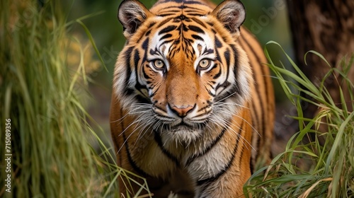  a close up of a tiger walking in a field of tall grass with trees in the background and grass in the foreground.