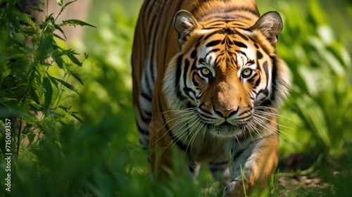  a close up of a tiger walking through a field of tall green grass with tall grass in the foreground and a blurry background of grass and bushes in the foreground. © Nadia