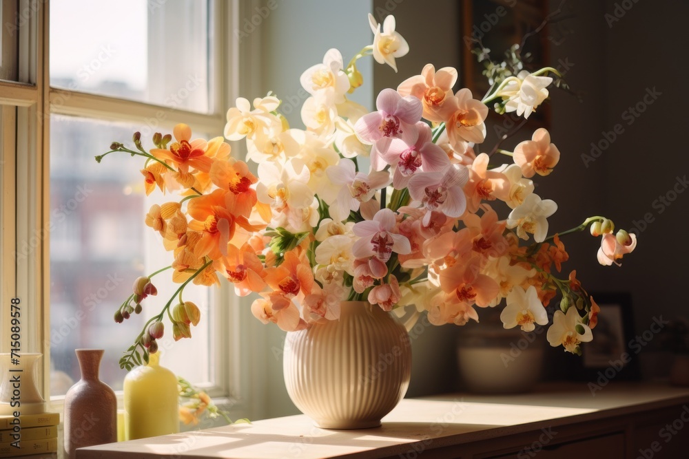 a vase full of flowers sitting on a window sill next to a vase filled with pink and orange flowers.