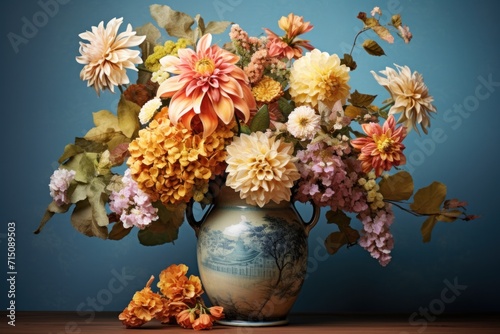  a vase filled with lots of flowers sitting on top of a wooden table on top of a wooden table next to a blue wall. © Nadia