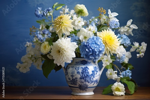  a blue and white vase with white and yellow flowers in it and a blue and white wall in the background.