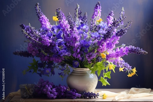  a vase filled with purple flowers sitting on top of a table next to a white vase filled with purple and yellow flowers.