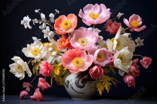  a vase filled with lots of pink and white flowers on a blue and white tablecloth next to a black wall. © Nadia