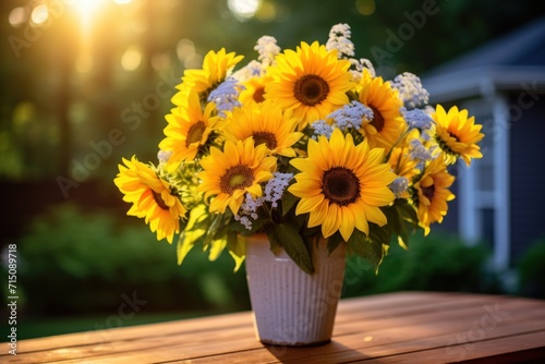  a vase of sunflowers sitting on a wooden table in front of a house with the sun shining in the background.