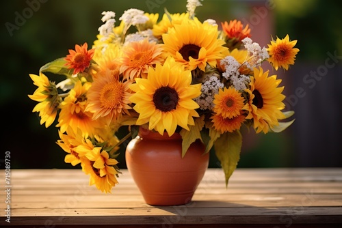  a vase filled with lots of yellow sunflowers sitting on top of a wooden table on top of a wooden table.
