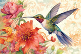  a painting of a hummingbird flying over a bunch of flowers on a white and orange background with pink and red flowers.