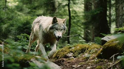  a wolf walking through a forest filled with lots of green plants and mossy rocks with trees in the background.