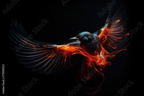  a bird that is flying in the air with a lot of fire on it's back legs and wings.