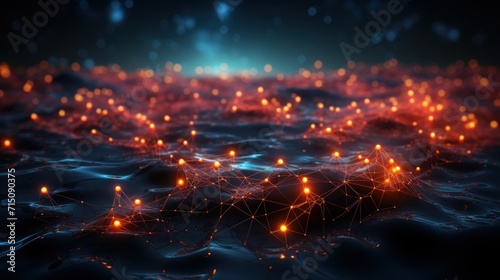  a computer generated image of a sea of water with a lot of orange lights in the middle of the image.