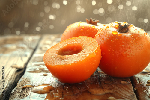Freshly cut persimmon on rustic wooden table, focusing on juicy interior and glossy texture of fruit, with soft, natural light setting. Concept of healthy eating, fresh fruit, natural food. photo