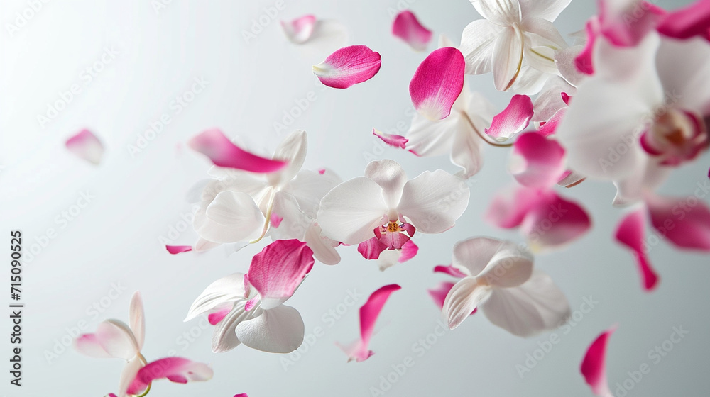 A romantic scene of pink and white orchid petals gently falling, creating an air of elegance, falling flower petals, Valentine's Day, dynamic and dramatic compositions, with copy space