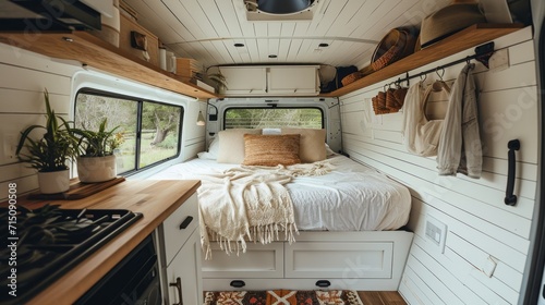 Interior of a contemporary RV featuring and nature outside. Concept of mobile living, adventure travel, road trips, and nature-connected lifestyles.