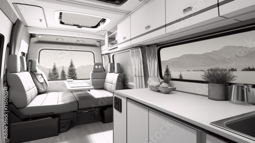 Modern camper van interior with a cozy interior. Concept of mobile living, adventure travel, road trips, and nature-connected lifestyles. Black and White