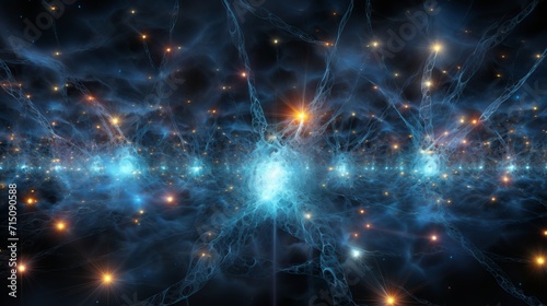 Abstract neural network with glowing nodes, bright connections, interconnected neurons. Concepts of neural network, synapses, artificial intelligence, and data.