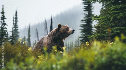  a large brown bear standing in the middle of a forest filled with tall green trees and yellow wildflowers.