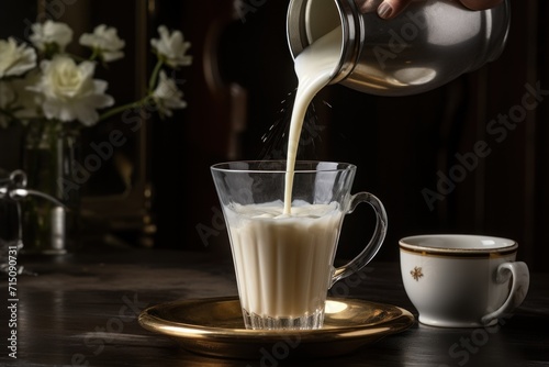  a pitcher of milk being poured into a glass cup on top of a plate next to a cup of coffee.