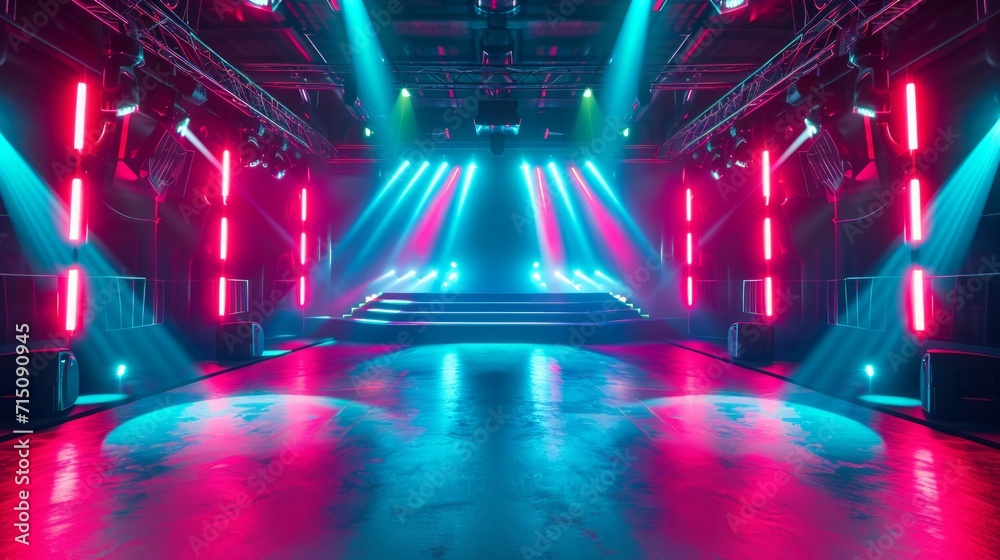 Bright Modern futuristic concert stage with dynamic neon red blue illumination. Modern Night Club. Concept of virtual reality events, futuristic concerts, and high tech stage design.