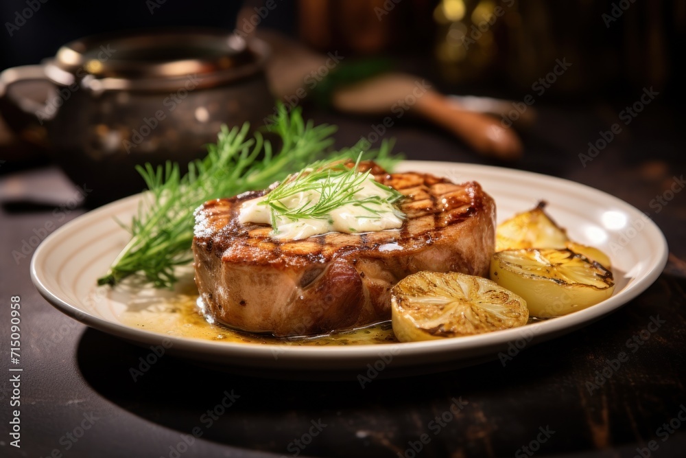 a white plate topped with a piece of meat covered in sauce and garnished with a sprig of dill. a white plate topped with a piece of meat covered in sauce and garnished with a sprig of dill.