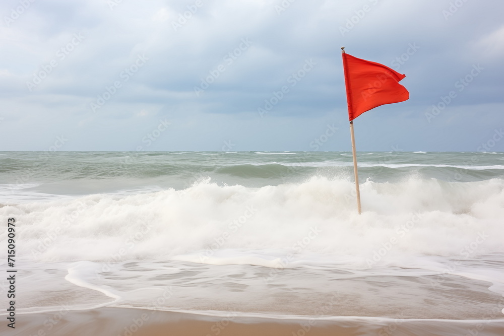 Red warning flag on beach with stormy sea waves and cloudy sky background. Copy space	