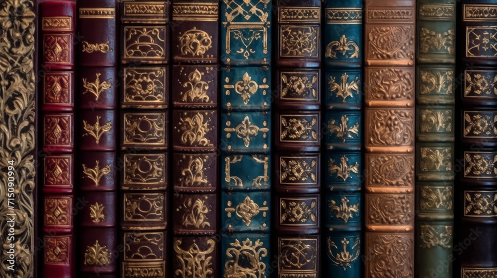 Elegant old books with decorative spines on a shelf. Concept of vintage literature, decorative bookbinding, and classic reading material. Elegant old books with decorative spines on a shelf. Concept of vintage literature, decorative bookbinding, and classic reading material.
