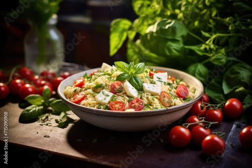  a bowl of pasta with tomatoes, mozzarella, basil, and parmesan cheese on the side.