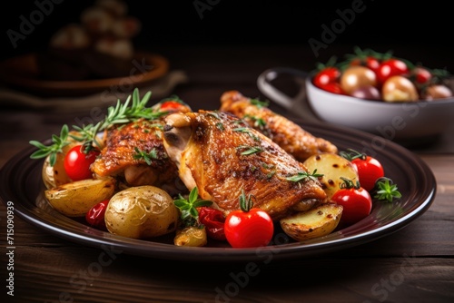  a close up of a plate of food with meat and vegetables on a table with a bowl of potatoes and tomatoes.