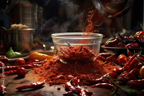  a bowl of red chilli sprinkled on top of a wooden table next to a pile of peppers.