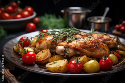  a close up of a plate of food with chicken, potatoes, tomatoes and a sprig of rosemary.