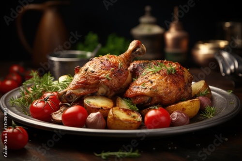  a close up of a plate of food with chicken, potatoes, tomatoes, and parsley on a table.