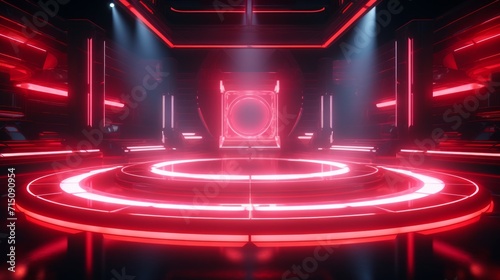 Modern futuristic concert stage with dynamic neon red illumination. Modern Night Club. Concept of virtual reality events, futuristic concerts, and high tech stage design. Vertical format