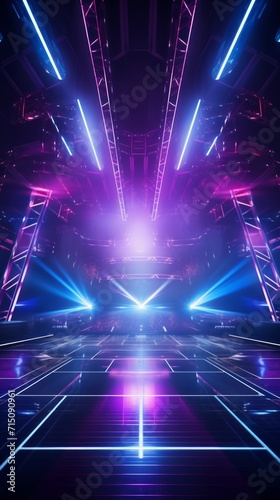 Modern futuristic concert stage with dynamic neon blue purple illumination. Modern Night Club. Concept of virtual reality events, futuristic concerts, and high tech stage design. Vertical format