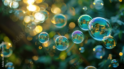 Close-up of reflective soap bubbles among leaves, with a warm bokeh background. Conveying lightness and wonder. Suitable for joy-themed decor and celebrations.