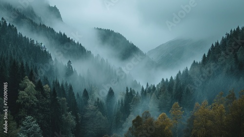 A picturesque view of the natural mountain landscape in clouds and fog