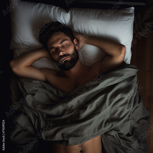 Top view of a young man sleeping on the bed in the morning.AI.