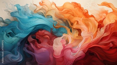  a multicolored wave of smoke is shown in this artistic image of the colors of the rainbow, red, blue, yellow, and orange.