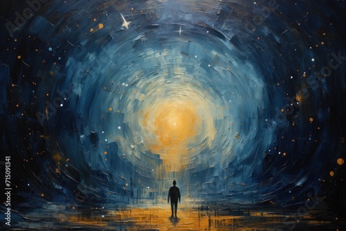  a painting of a man standing in the middle of a dark tunnel with stars in the sky and a light at the end of the tunnel.