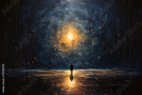  a painting of a person standing in the middle of a dark room with a bright light at the end of the room.