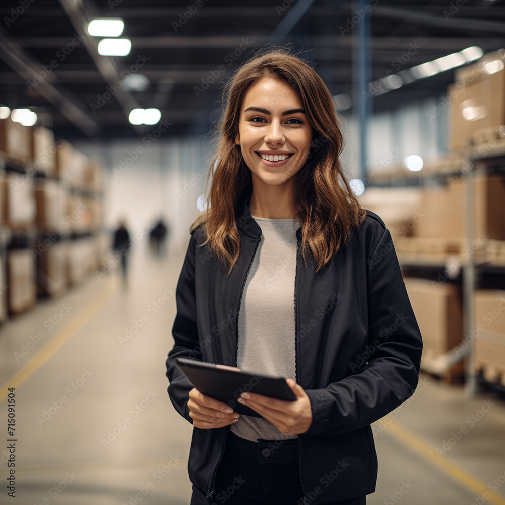 Woman Warehouse Supervisor overseeing warehouse operations with digital efficiency, warehouse management, in a distribution center Woman Warehouse Supervisor overseeing warehouse operations with digital efficiency, warehouse management, in a distribution center