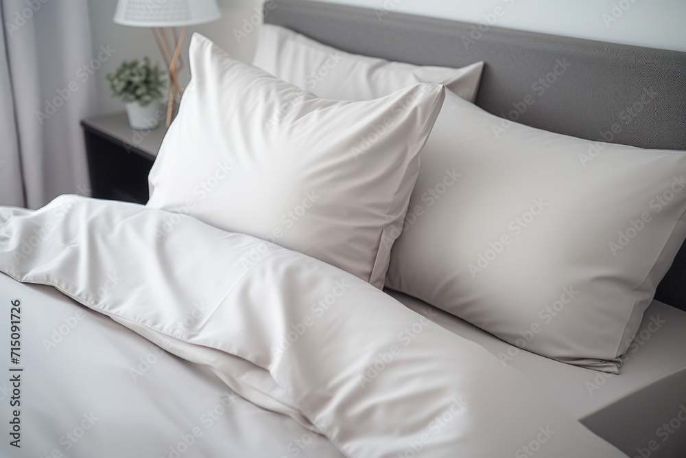 a close up of a bed with white pillows and a gray headboard with a lamp on top of it. a close up of a bed with white pillows and a gray headboard with a lamp on top of it.