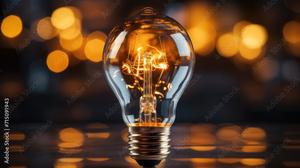 a light bulb sitting on top of a table next to a blurry image of a city in the background. a light bulb sitting on top of a table next to a blurry image of a city in the background.