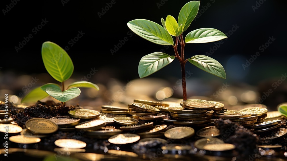 a plant sprouting out of a pile of coins with another plant sprouting out of the pile. a plant sprouting out of a pile of coins with another plant sprouting out of the pile.