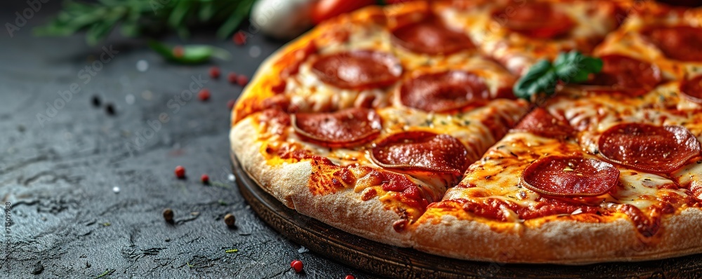 Delicious pepperoni pizza on a dark background, sausage pizza, italian pepperoni pizza in pizzeria - obrazy, fototapety, plakaty 