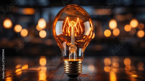  a close up of a light bulb on a table with a lot of lights in the background and a blurry background.
