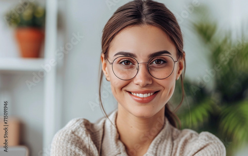 Smiling Woman With Glasses Poses for the Camera. Generative AI.