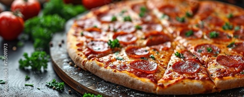 Delicious pepperoni pizza on a dark background, sausage pizza, italian pepperoni pizza in pizzeria