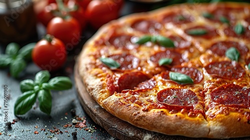 Delicious pepperoni pizza on a dark background, sausage pizza, italian pepperoni pizza in pizzeria photo