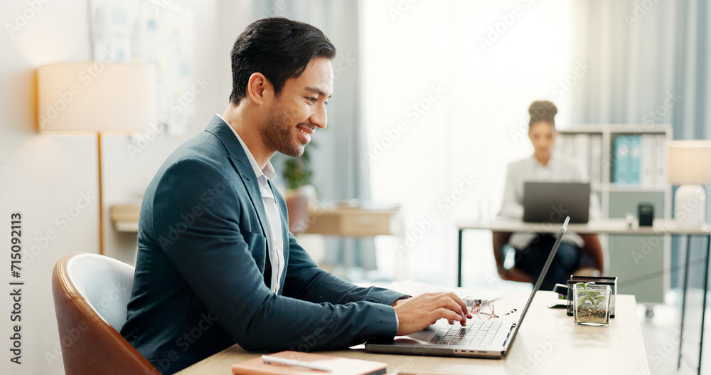 Laptop, typing and happy asian business man in office smile for email, planning or feedback report in coworking space. Online, review and Japanese male manager with proposal, research or satisfaction - obrazy, fototapety, plakaty 