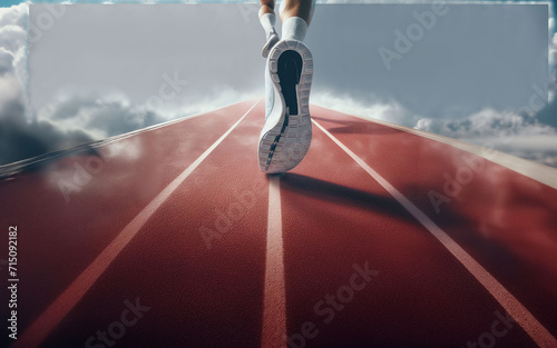 Vue en contre-plongée de la semelle de la chaussure de sport d'une homme qui coure sur une piste d'athlétisme. Espace négatif sur la piste et dans les nuages. Objectifs à atteindre - challenge photo