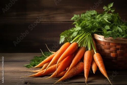  a basket full of carrots sitting next to a bunch of green leafy parsley on a wooden table.