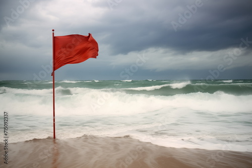 Red  flag at ocean beach with big waves and strong wind.